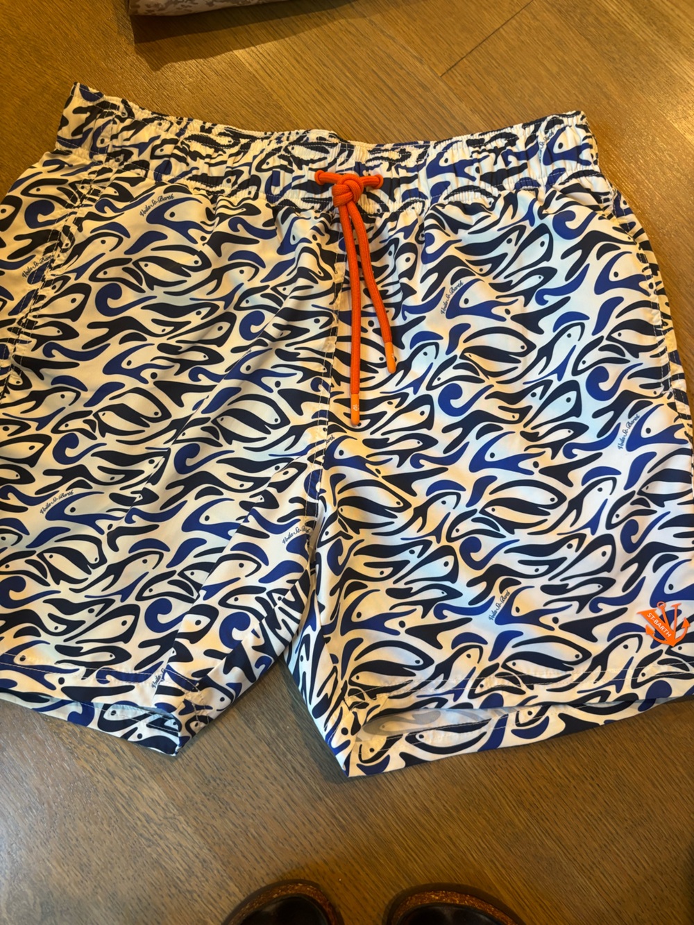 Voila Men's White & Blue Patterned Swim Trunks with Orange Drawcord